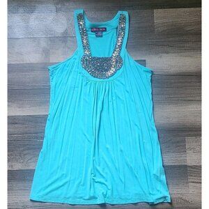 Y2k Turqoise Tank top rock&roll cowgirl ornate neckline Size Small
